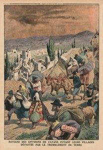 Chłopi z okolic Katanii uciekają ze swoich wiosek zniszczonych przez trzęsienie ziemi, ilustracja na tylnej okładce z „Le Petit Journal”, dodatek illustre, 24 maja 1914